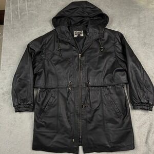 Fashion Elements Womens Black Leather Hooded Parka Jacket Large Cinched Waist L‎